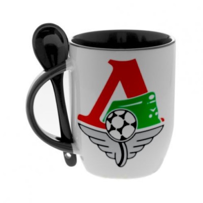 Черная кружка с ложкой с логотипом Локомотив