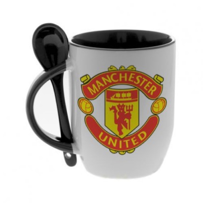 Черная кружка с ложкой с логотипом Манчестер Юнайтед