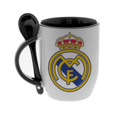 Черная кружка с ложкой с логотипом Реал Мадрид